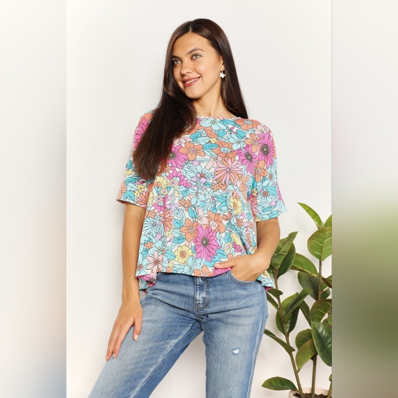 Double Take Floral Round Neck Babydoll Top - Picture 1 of 13